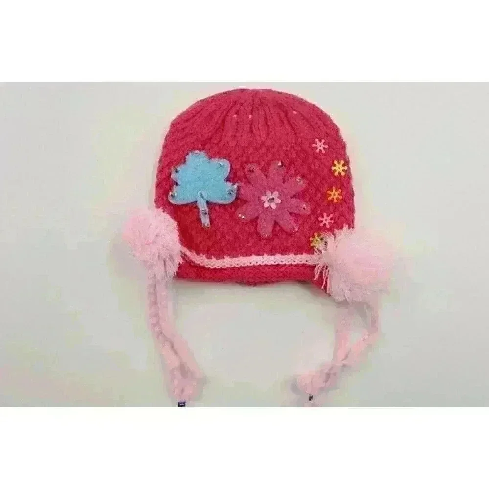 HAND knitted girl hat with knitted applique with beads for 3-6 year old. NEW.